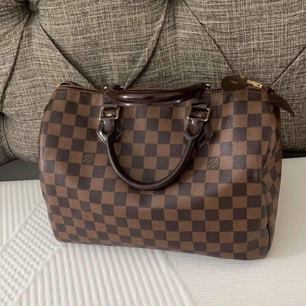 Louis Vuitton Brown Checker Satchel with Dark Brown Handles